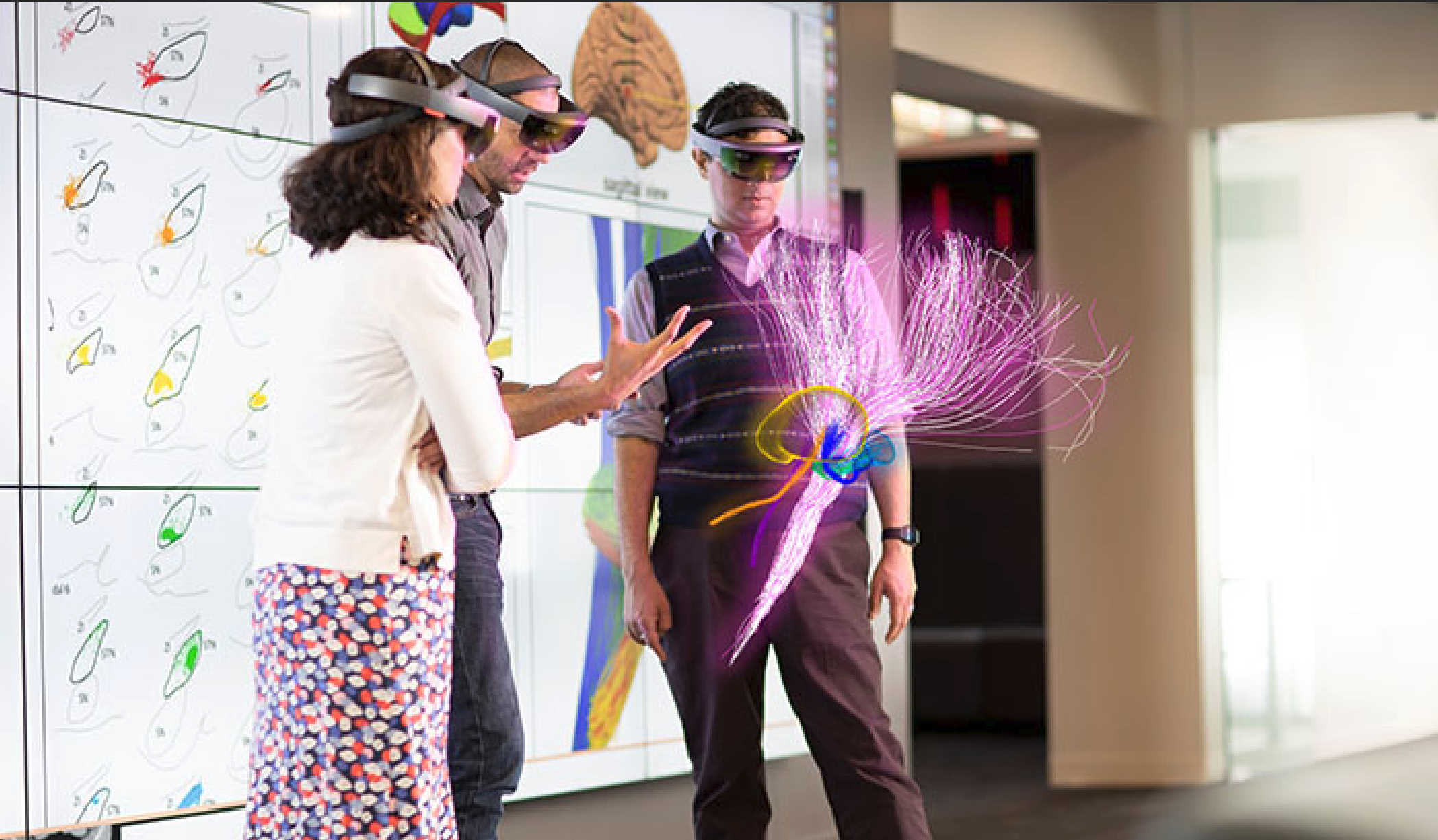 First-person POV of a holographic brain with glowing neural pathways. Hands reaching in to trace connections, medical instruments visible at the periphery.