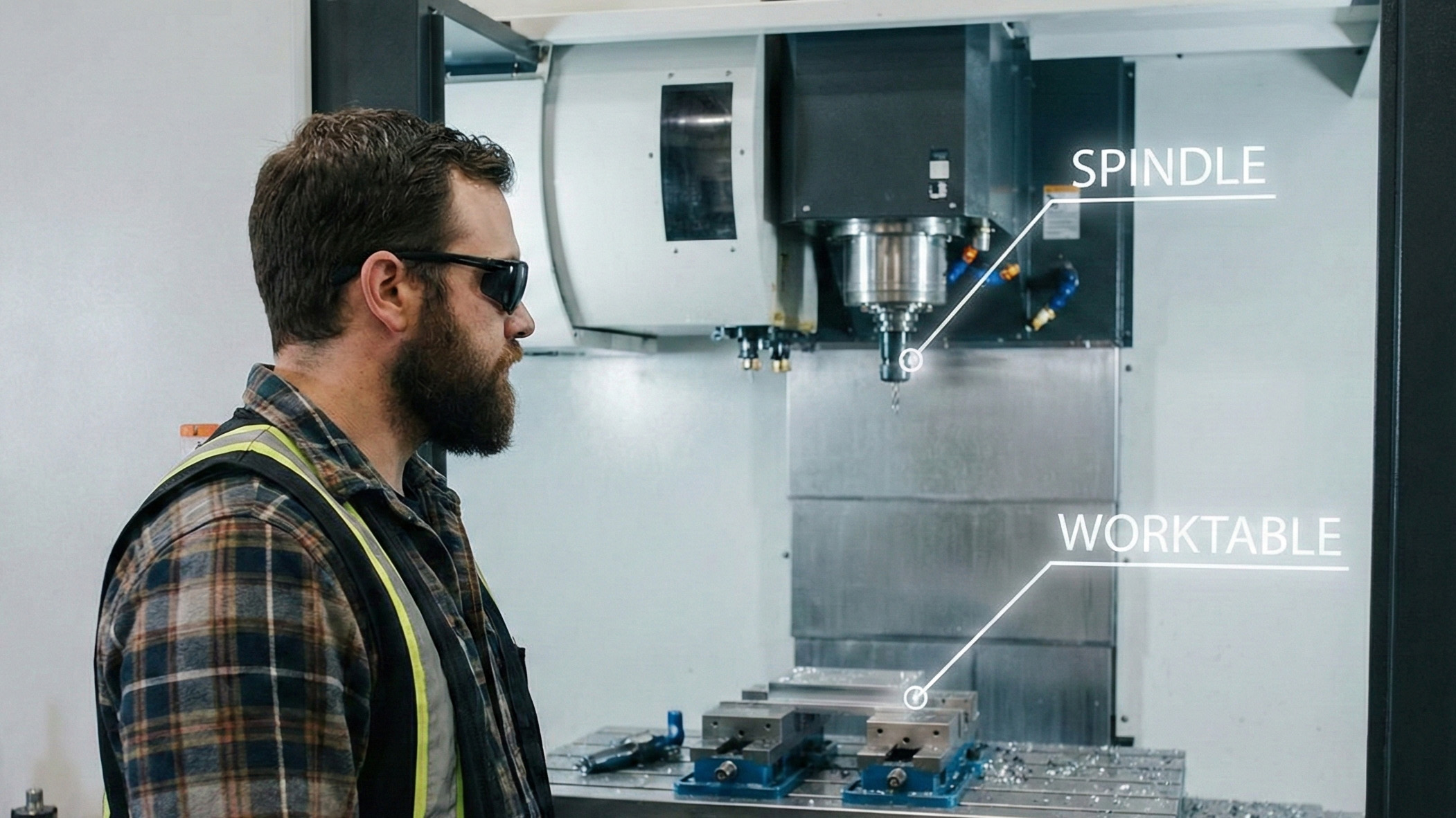 A technician wearing a headset looking at complex industrial machinery with bright white AR arrows pointing to specific components