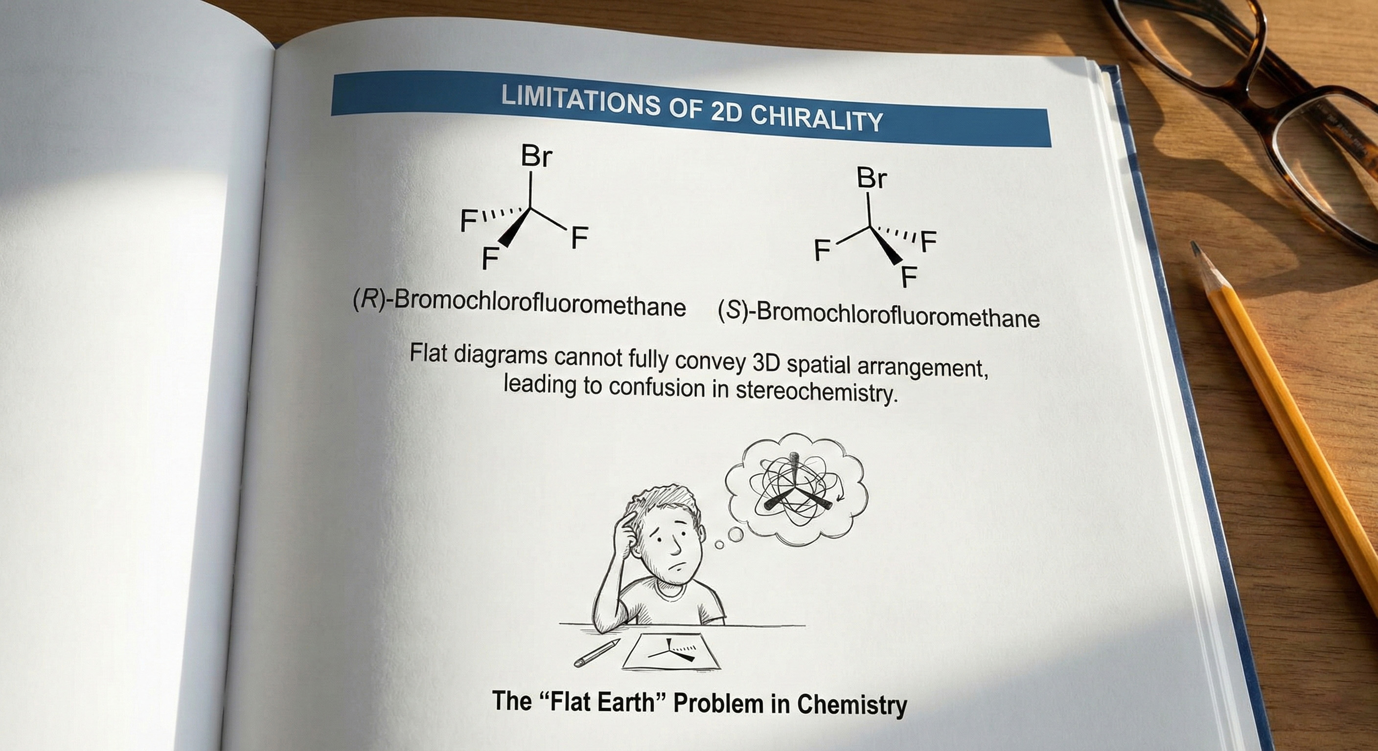 A textbook page showing 2D wedge-and-dash molecular diagrams, illustrating the limitation of flat chirality representation.