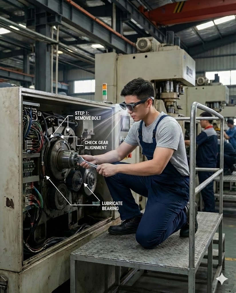 A young technician wearing a headset examining industrial machinery with AR guidance overlays
